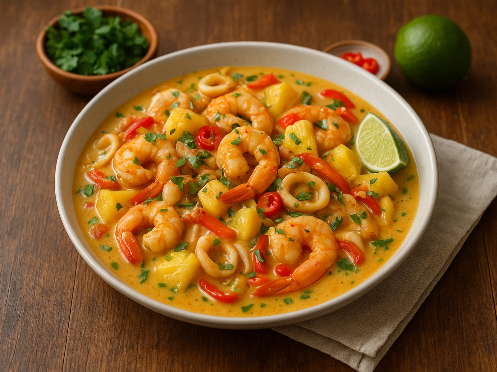 Visiwa – Inselpfanne mit Meeresfrüchten, Ananas und Kokos-Limetten-Sauce