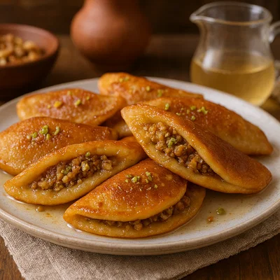 Qatayef – arabische gefüllte Pfannkuchen mit Nussfüllung und Zuckersirup
