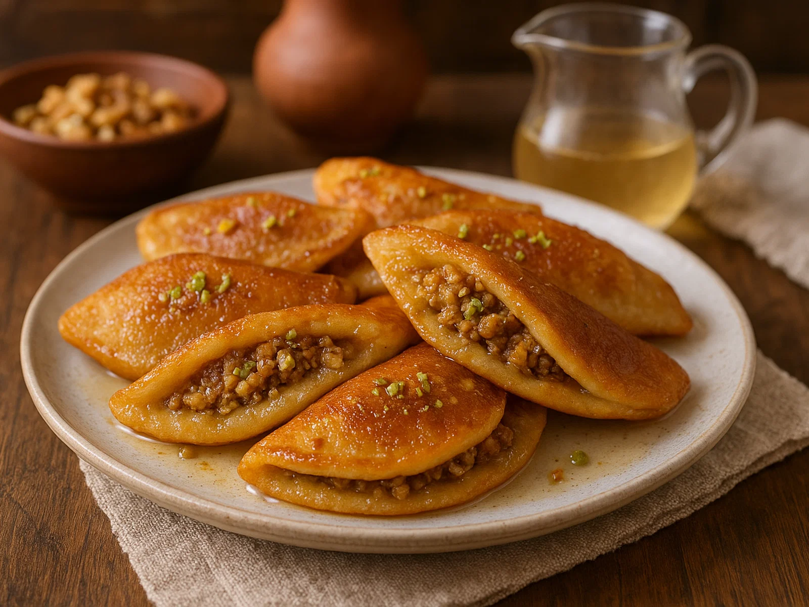 Qatayef – arabische gefüllte Pfannkuchen mit Nussfüllung und Zuckersirup