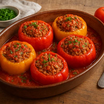 Gefüllte Paprika mit Reis und Hackfleisch aus dem Ofen