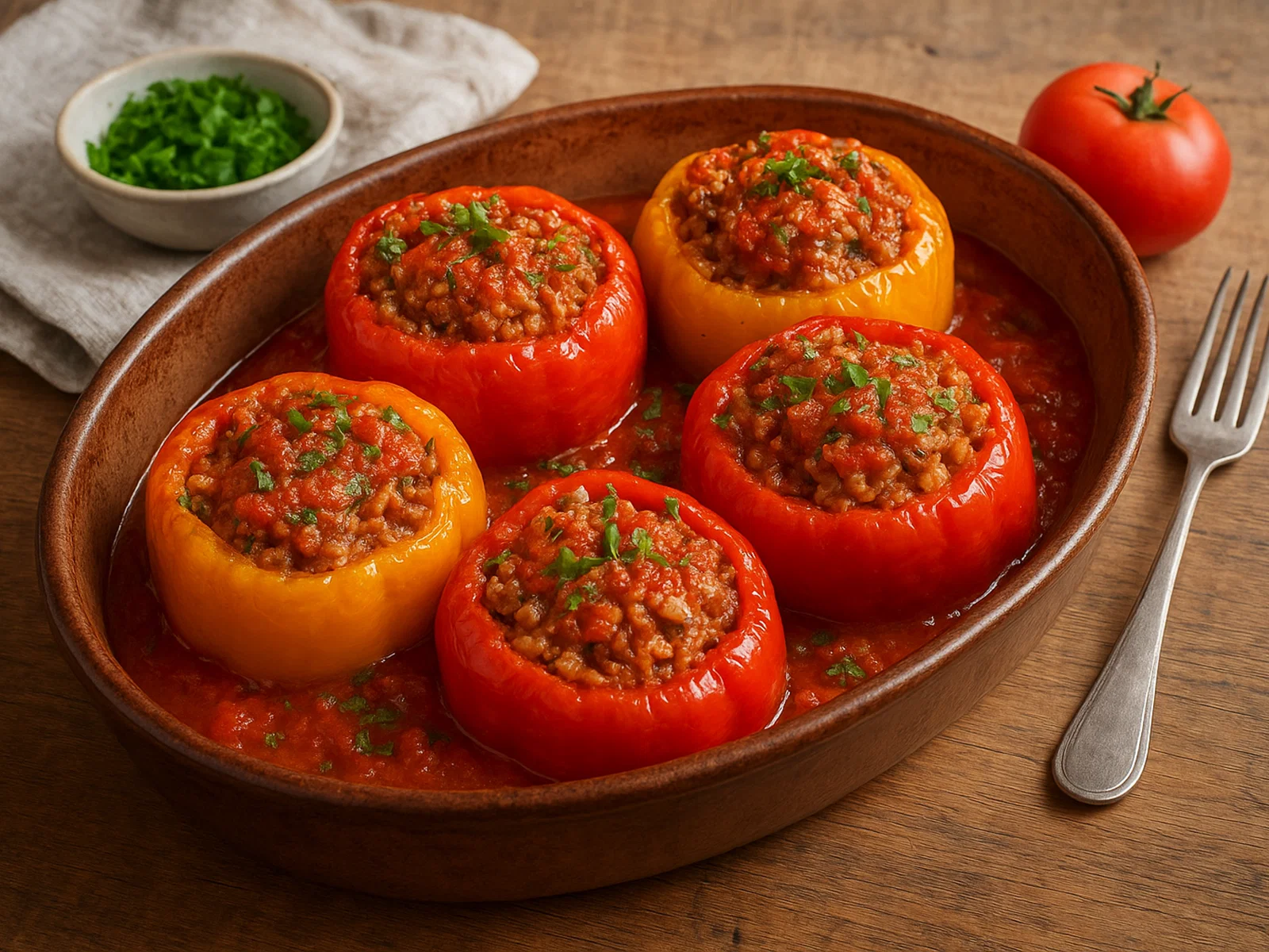 Gefüllte Paprika mit Reis und Hackfleisch aus dem Ofen