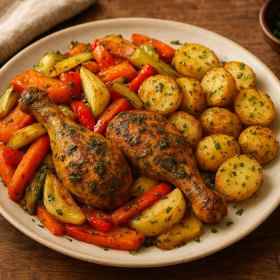 Berg-Hähnchen mit Ofengemüse und Kräuterkartoffeln