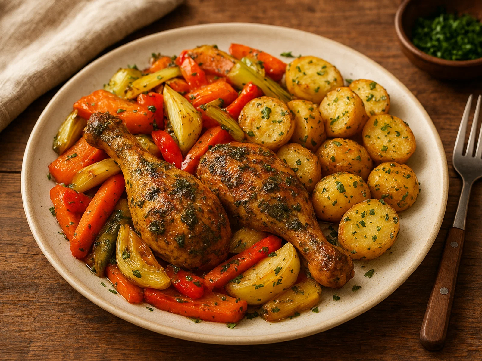Berg-Hähnchen mit Ofengemüse und Kräuterkartoffeln