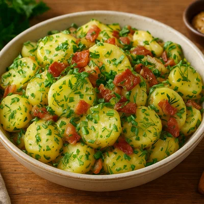 Kartoffelsalat mit frischen Kräutern und Speck