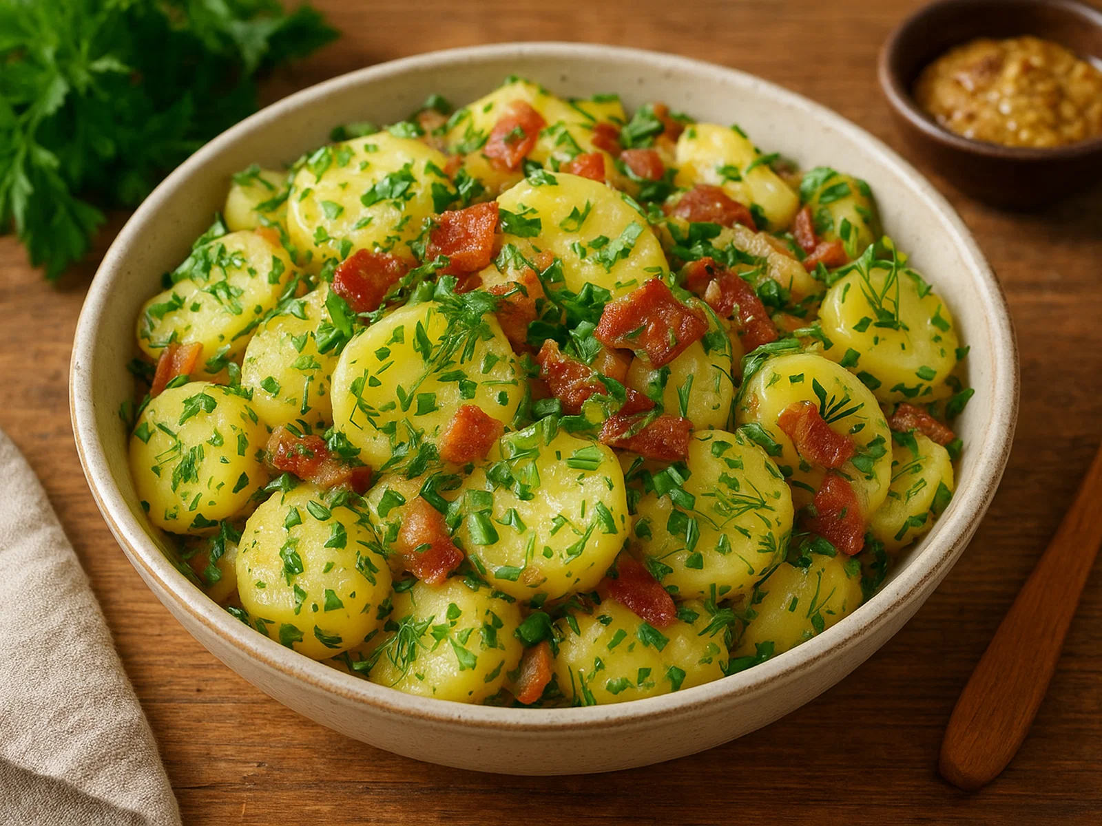 Kartoffelsalat mit frischen Kräutern und Speck