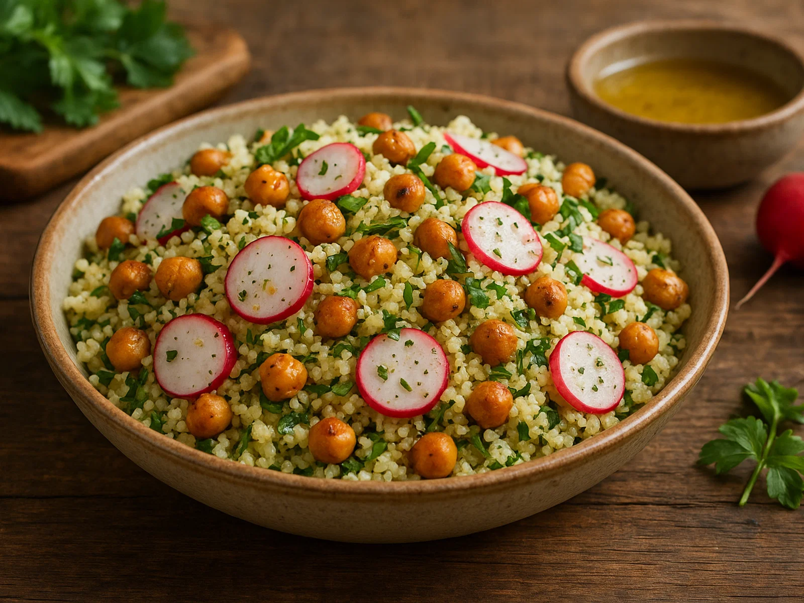 Radieschen-Couscous mit gerösteten Kichererbsen