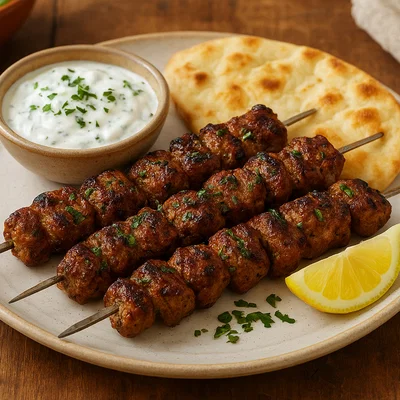 Toufan – orientalisch marinierte Grillspieße mit Joghurtsauce und Fladenbrot
