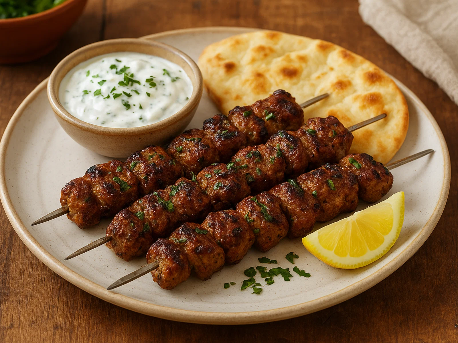 Toufan – orientalisch marinierte Grillspieße mit Joghurtsauce und Fladenbrot