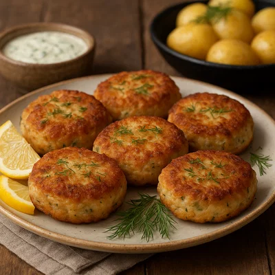 Knusprige Fischfrikadellen mit Zitrone und Dill