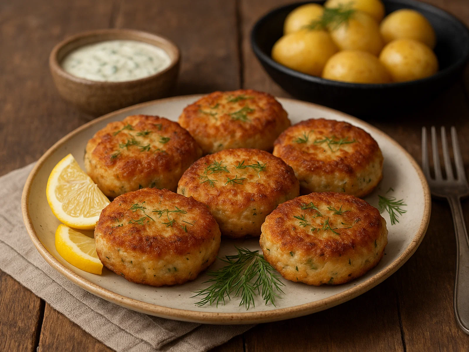 Knusprige Fischfrikadellen mit Zitrone und Dill