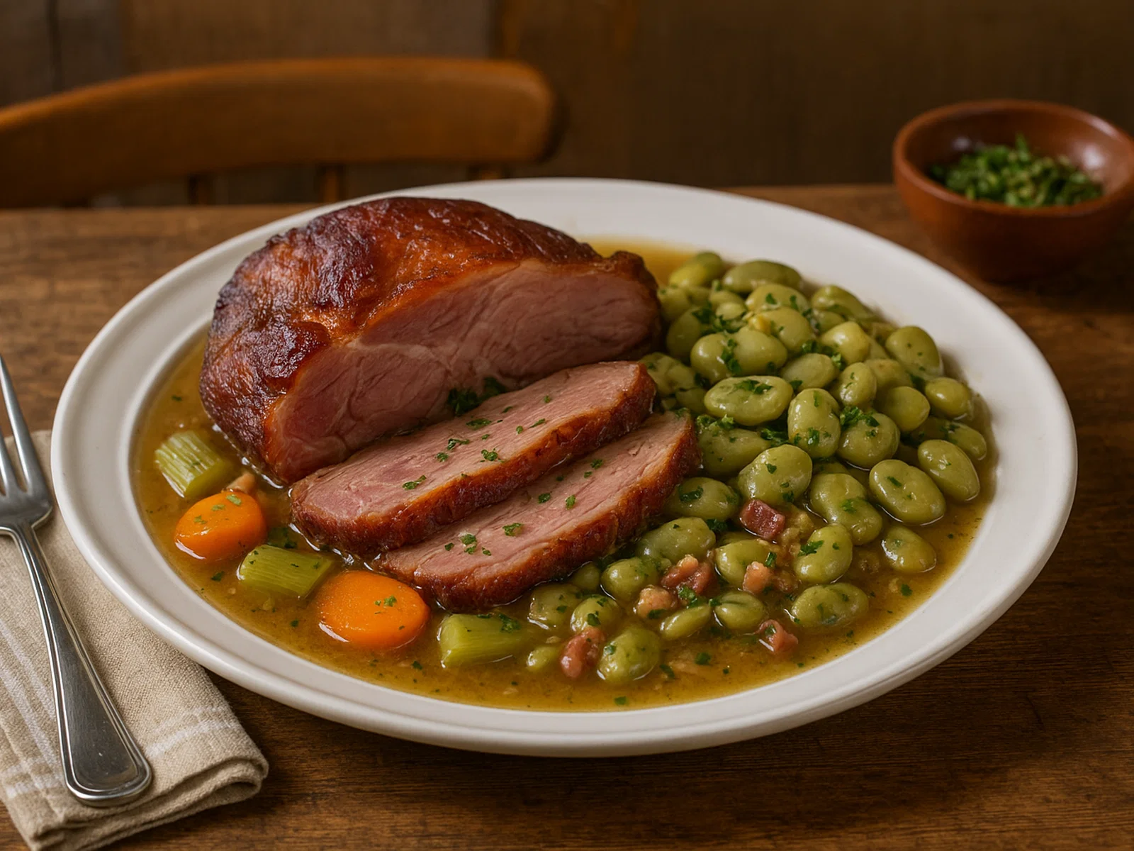 Judd mat Gaardebounen (Luxemburgischer Geräuchter Schweinehals mit Saubohnen)