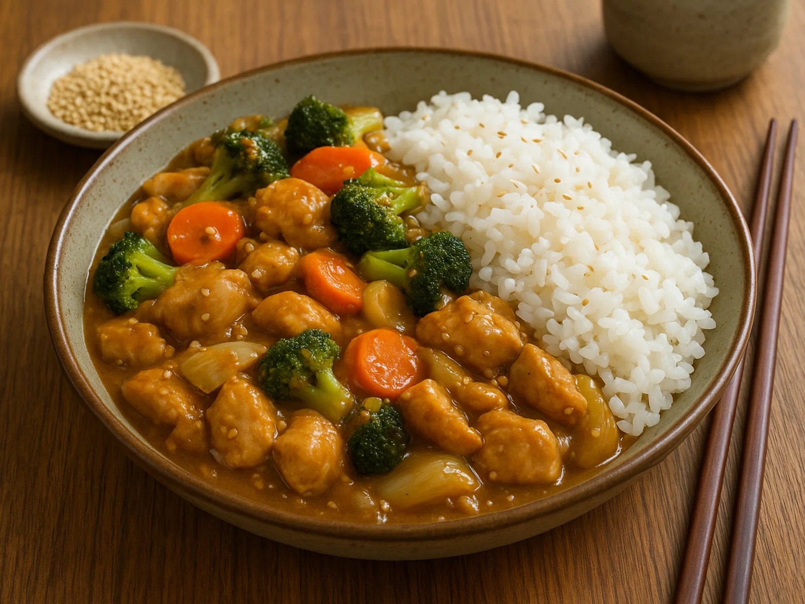 Misuzu – Japanische Miso‑Sesam-Hähnchenpfanne mit Gemüse und Reis