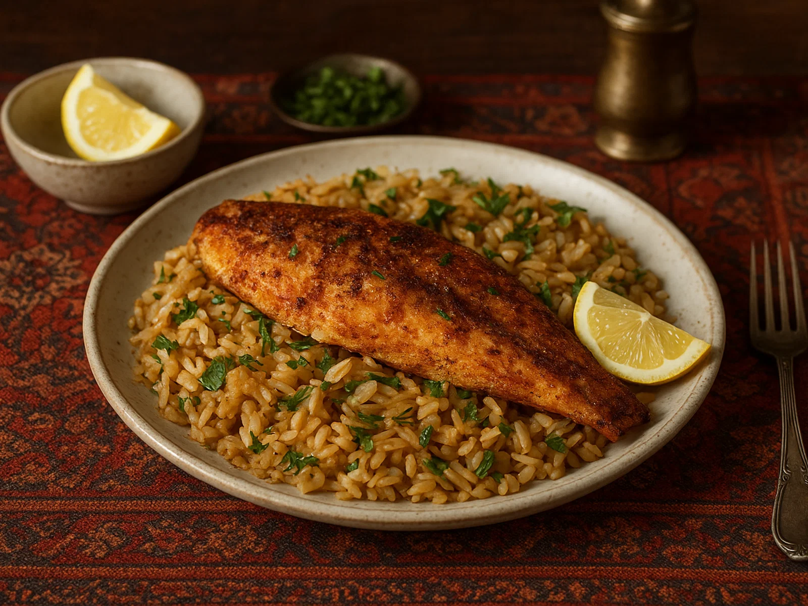 Roz bil Hout – Libanesischer Fisch mit Gewürzreis