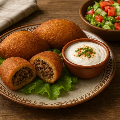 Gebratene Kubba mit Bulgur-Teig und würziger Rindfleischfüllung