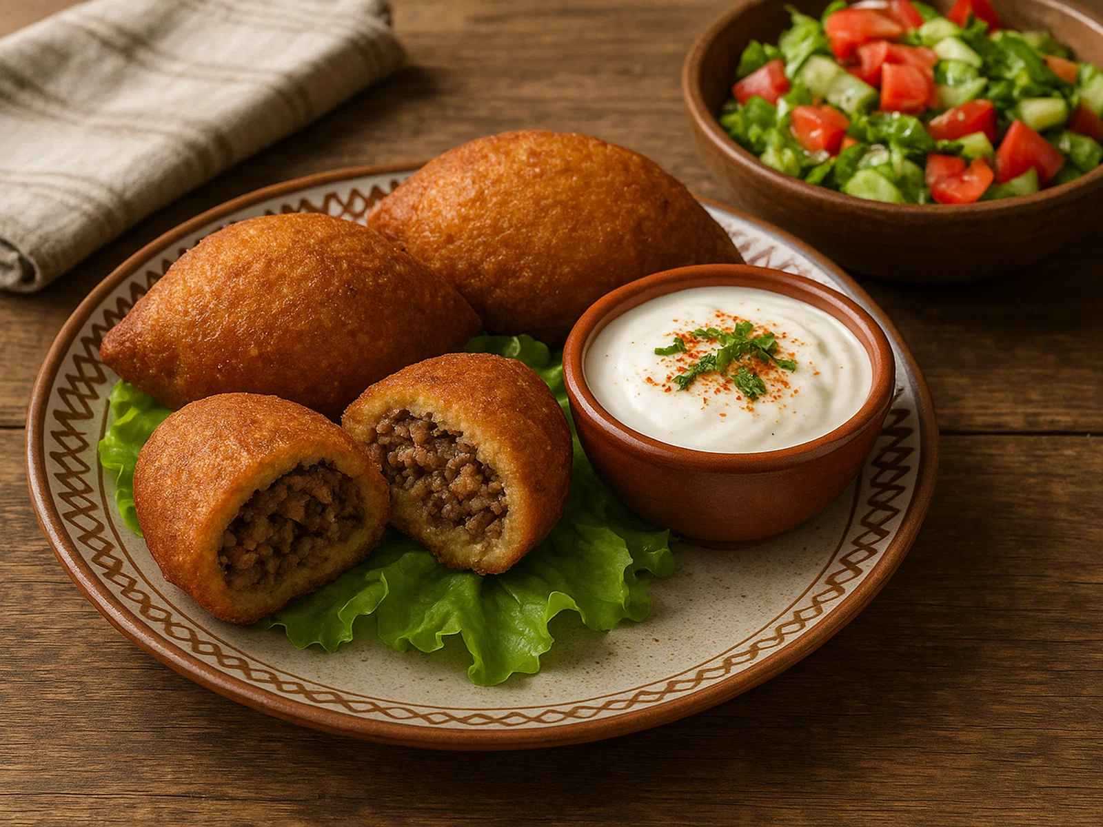 Gebratene Kubba mit Bulgur-Teig und würziger Rindfleischfüllung