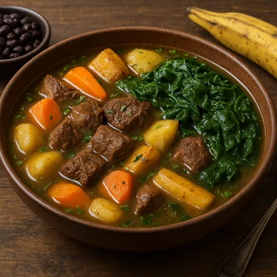 Haitianische Bouillon mit Rindfleisch, Wurzelgemüse und Spinat