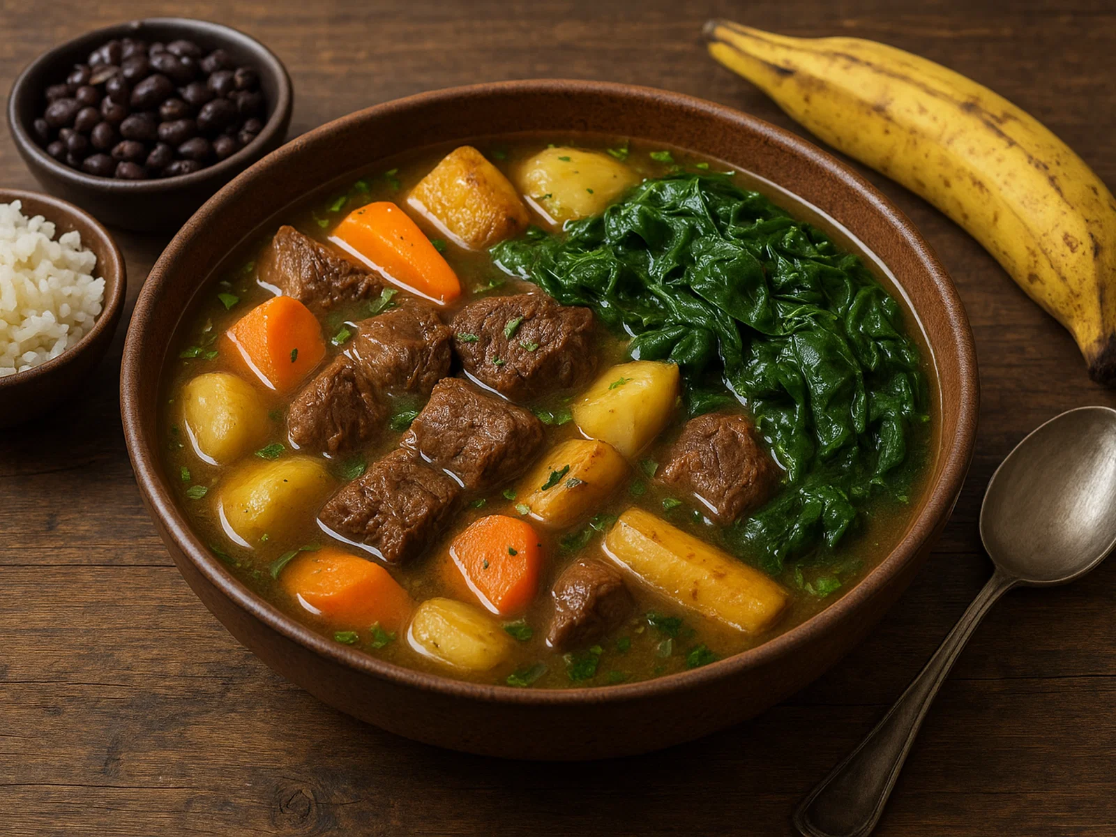 Haitianische Bouillon mit Rindfleisch, Wurzelgemüse und Spinat