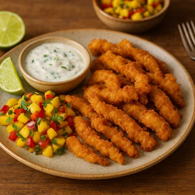 Geknackte Conch mit Mangosalsa und Kokos-Limetten-Dip