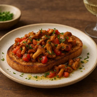Pfifferling-Bruschetta mit Tomaten und frischen Kräutern