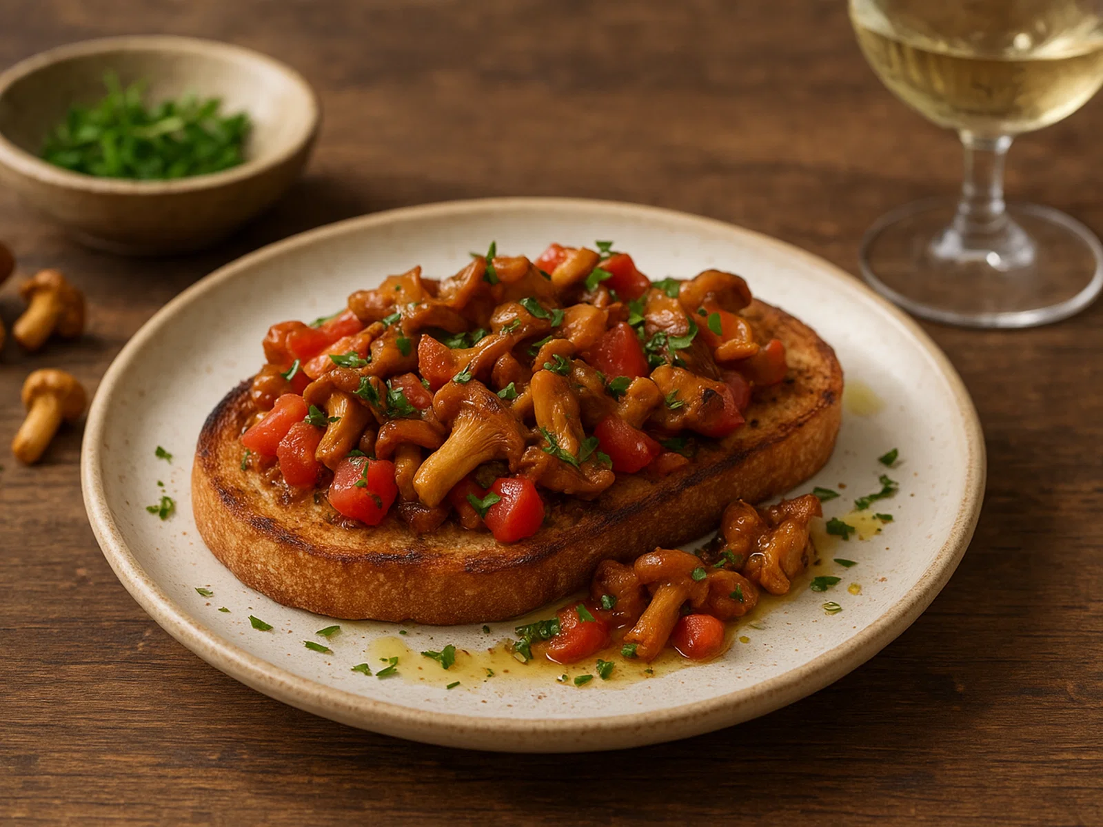 Pfifferling-Bruschetta mit Tomaten und frischen Kräutern
