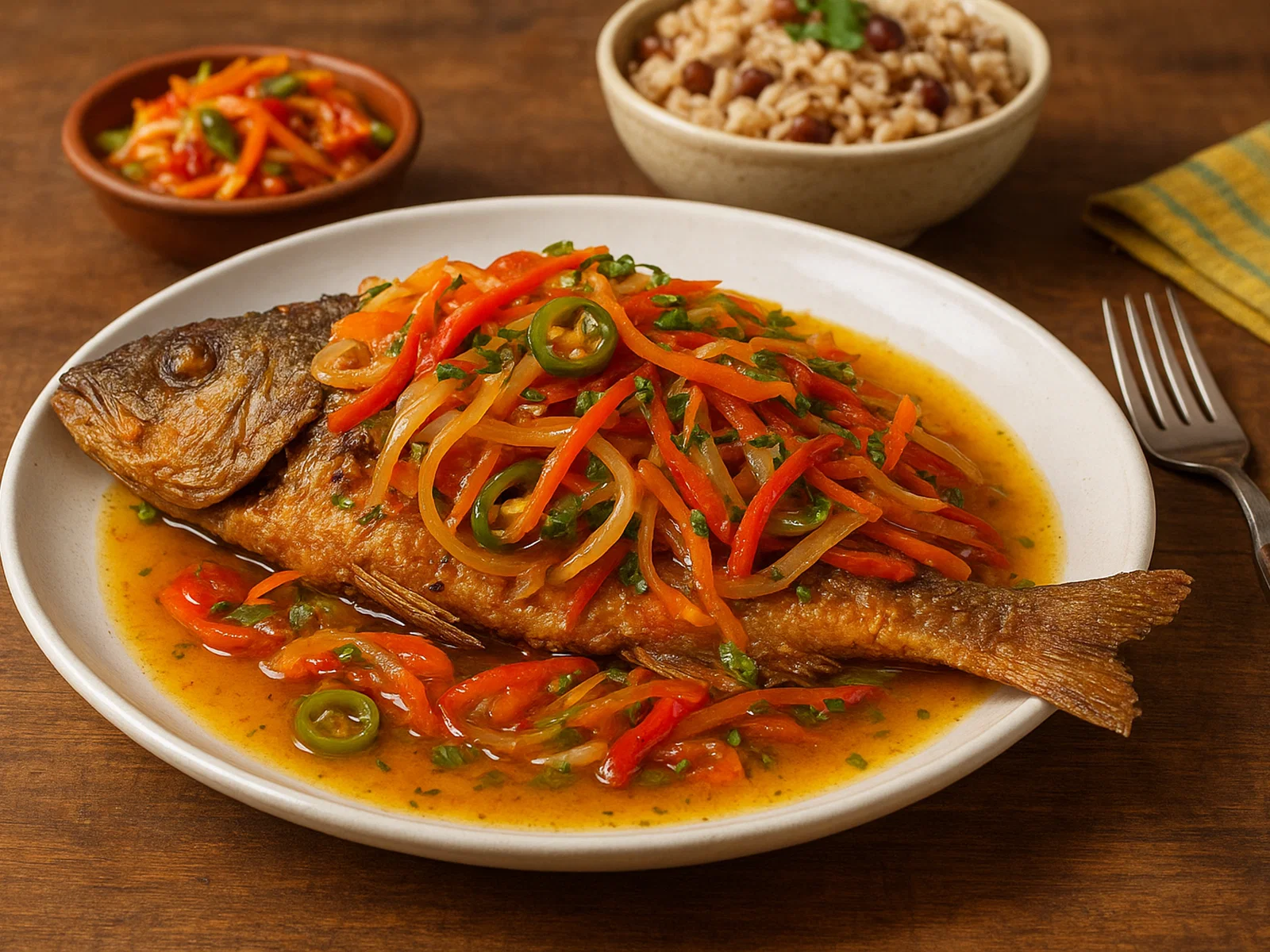 Jamaikanischer Escovitch Fish mit würzigem Gemüsesud