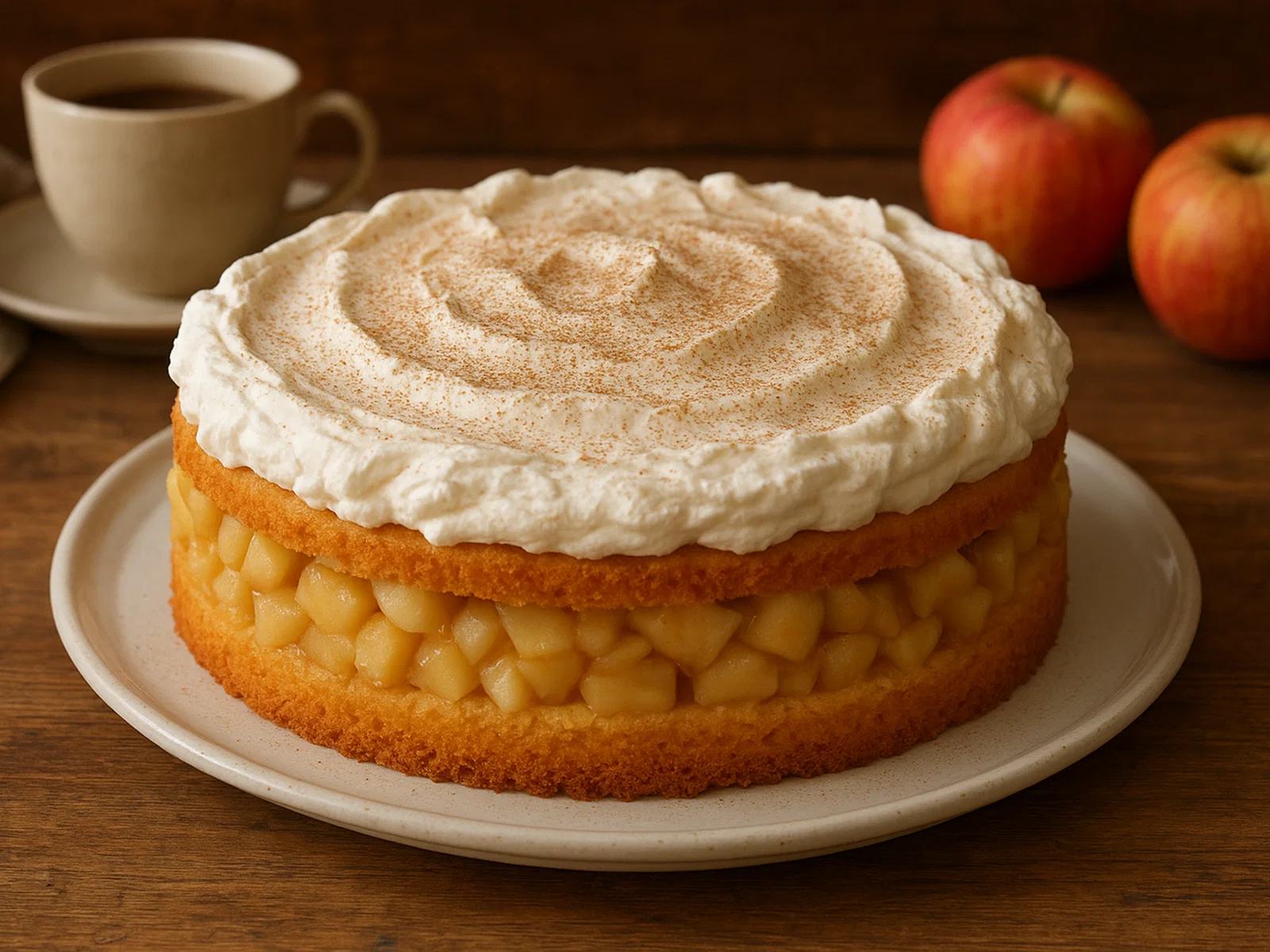 Apfel-Sahne-Torte mit Zimt auf Biskuitboden