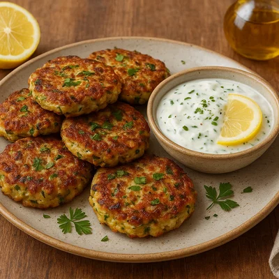 Thunfisch-Zucchinipuffer mit Zitronen-Joghurt-Dip