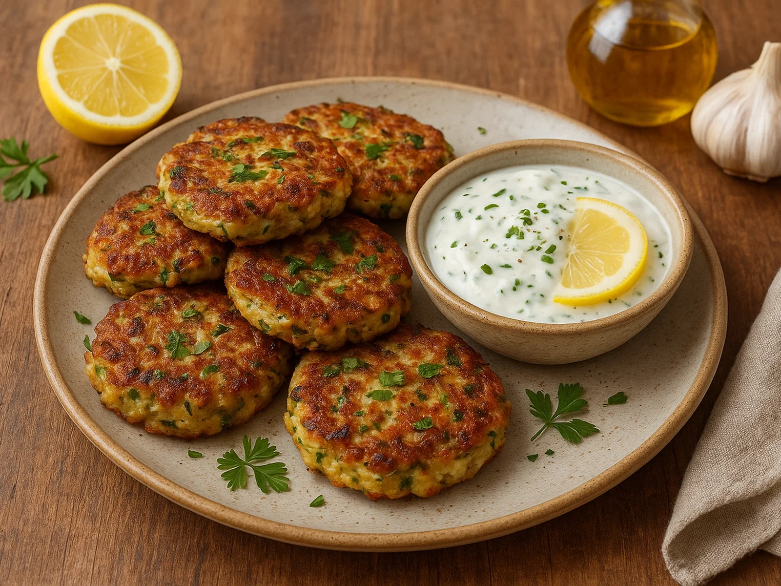 Thunfisch-Zucchinipuffer mit Zitronen-Joghurt-Dip