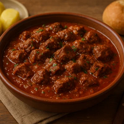 Lakarota – geschmortes Rindfleisch in würziger Tomaten-Kräuter-Sauce