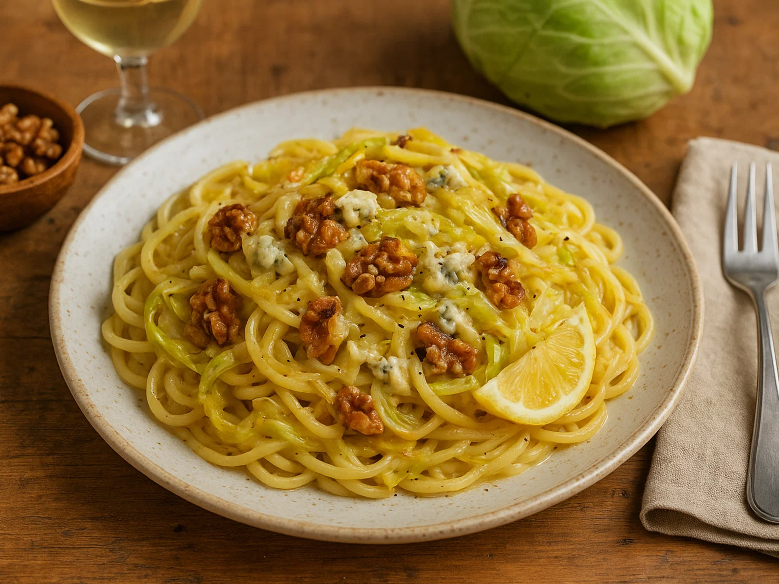 Spitzkohl-Pasta mit Walnüssen und Gorgonzola
