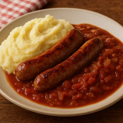 Würstchen mit Kartoffelpüree und Zwiebel-Tomaten-Soße
