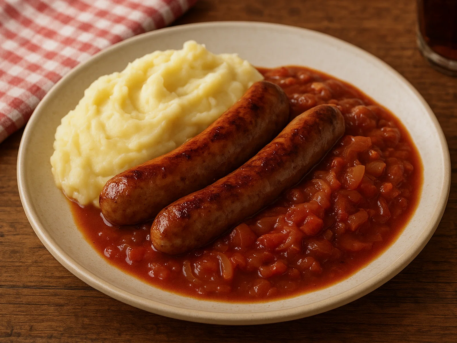 Würstchen mit Kartoffelpüree und Zwiebel-Tomaten-Soße