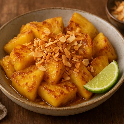 Karamellisierte Ananas mit gerösteten Kokosflakes