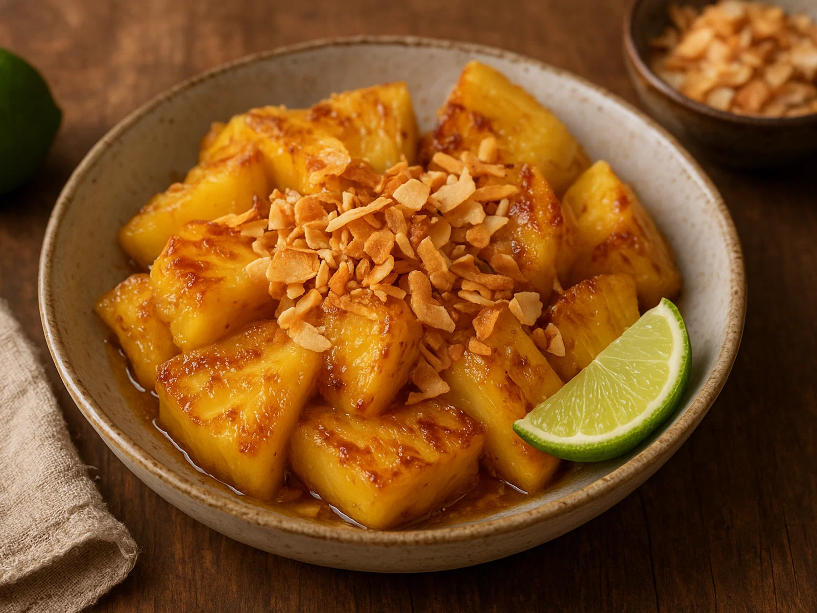 Karamellisierte Ananas mit gerösteten Kokosflakes