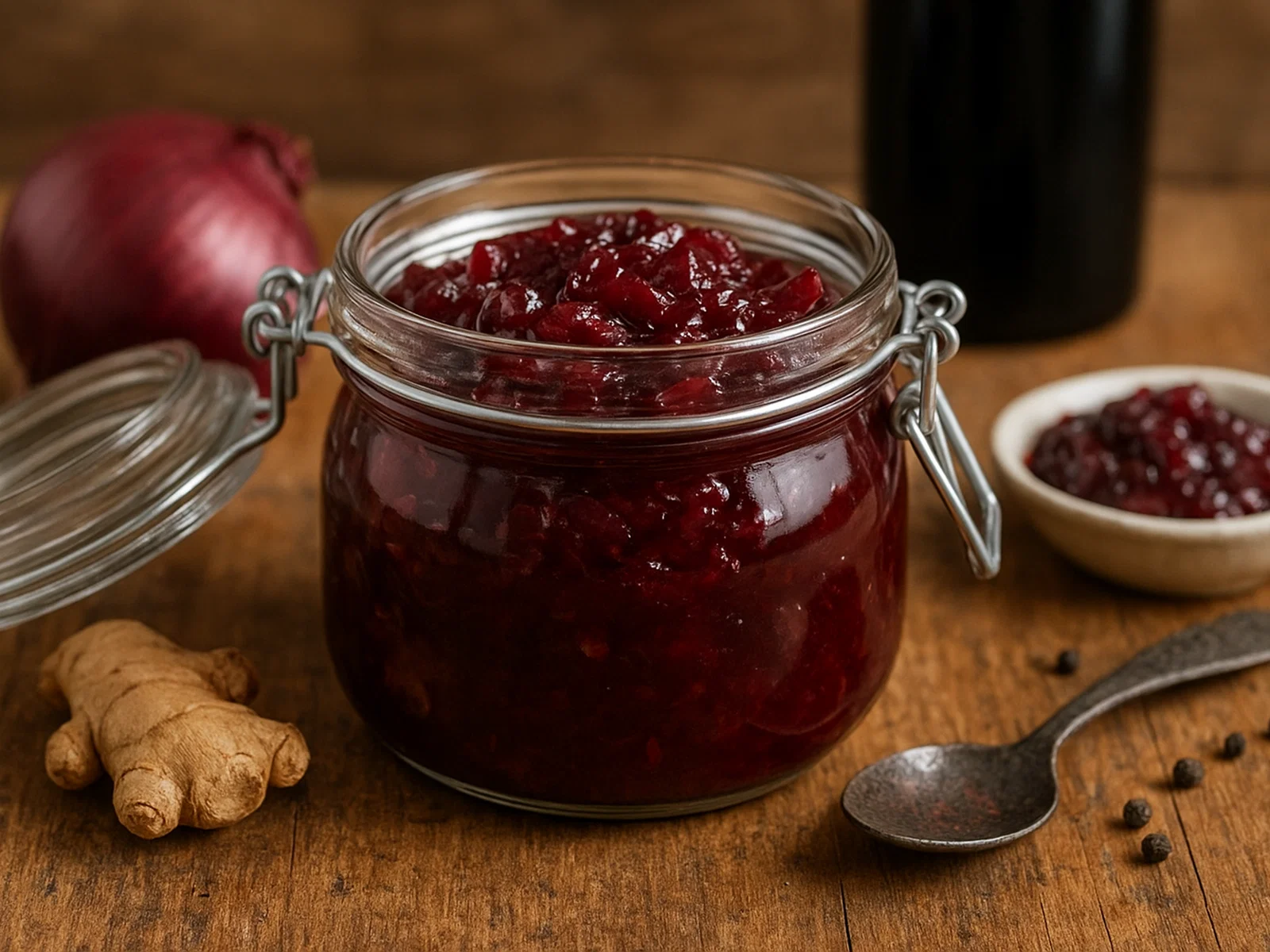 Rotes Zwiebel-Chutney mit Rotwein