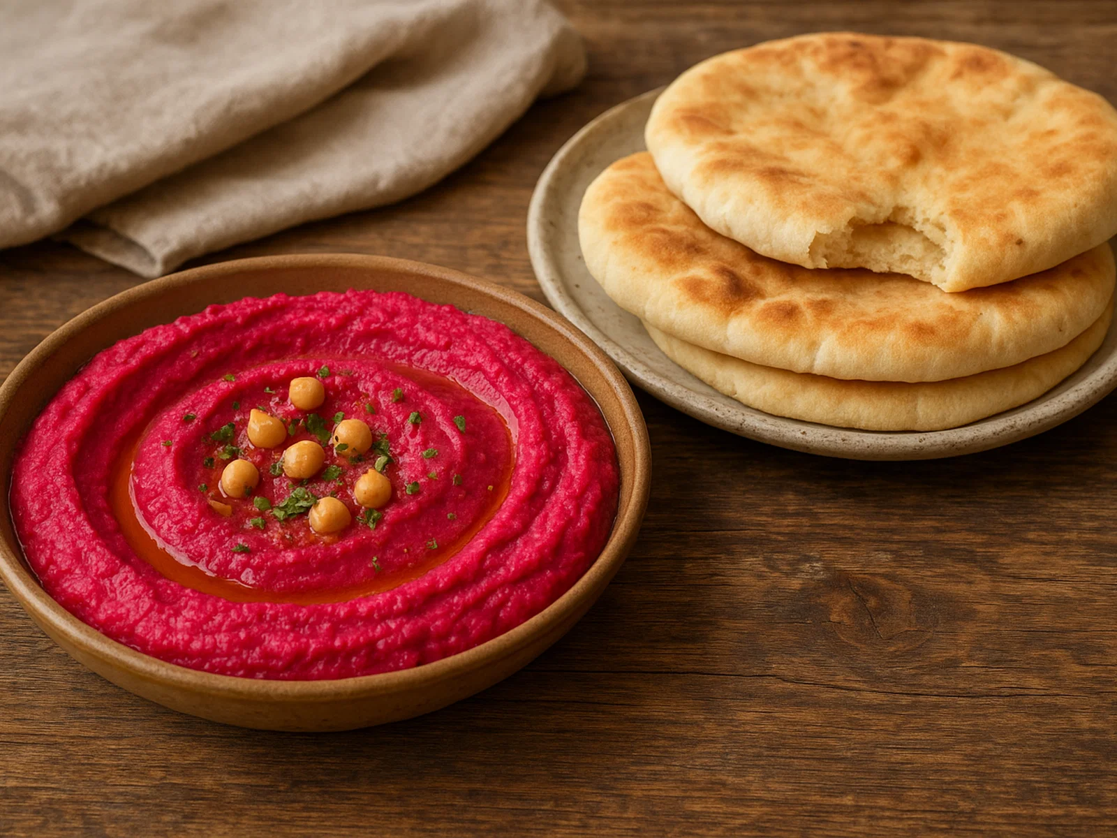 Rote-Bete-Hummus mit warmem Pita-Brot
