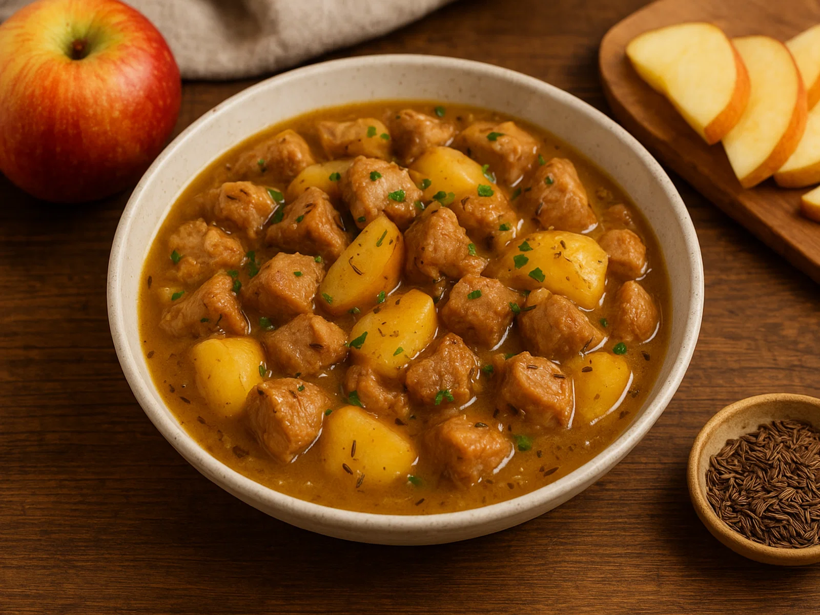 Apfel-Kümmel-Schweinefleischragout