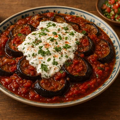 Borani Banjan – Afghanische Auberginen mit Tomaten und Knoblauchjoghurt
