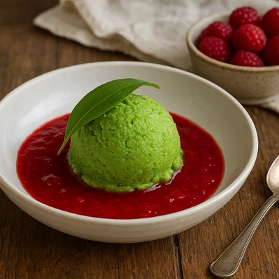 Bärlauch-Sorbet mit Himbeersauce