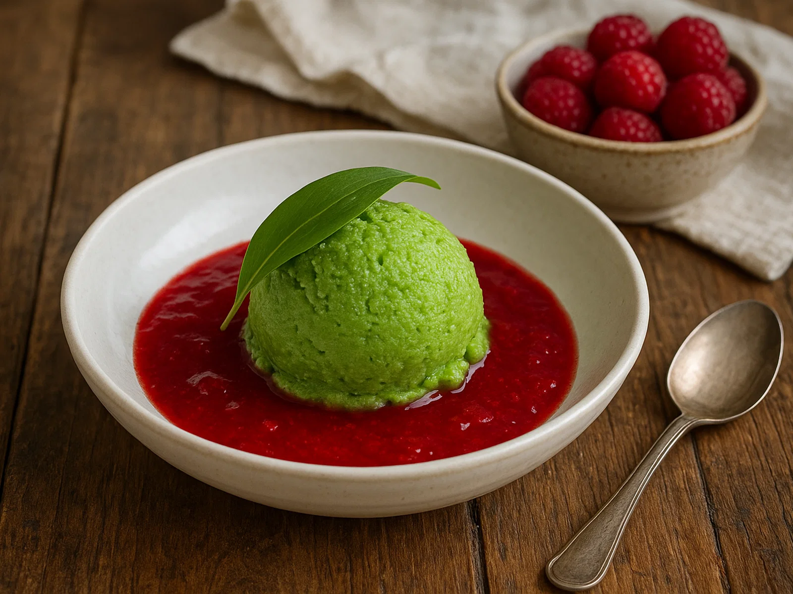 Bärlauch-Sorbet mit Himbeersauce