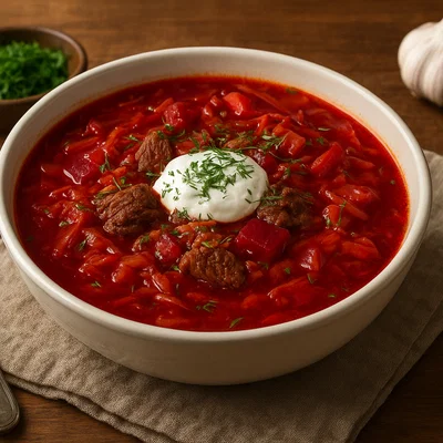 Klassischer Borschtsch mit Rindfleisch und Sauerrahm