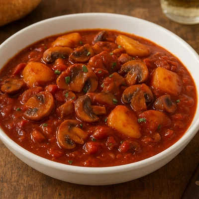 Veganer Gulasch mit Pilzen und Kartoffeln
