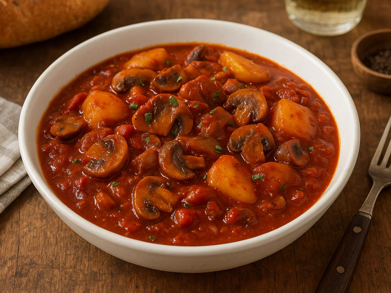 Veganer Gulasch mit Pilzen und Kartoffeln