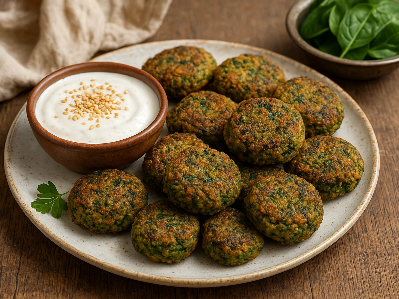 Spinat-Falafel mit Tahini-Joghurt-Dip