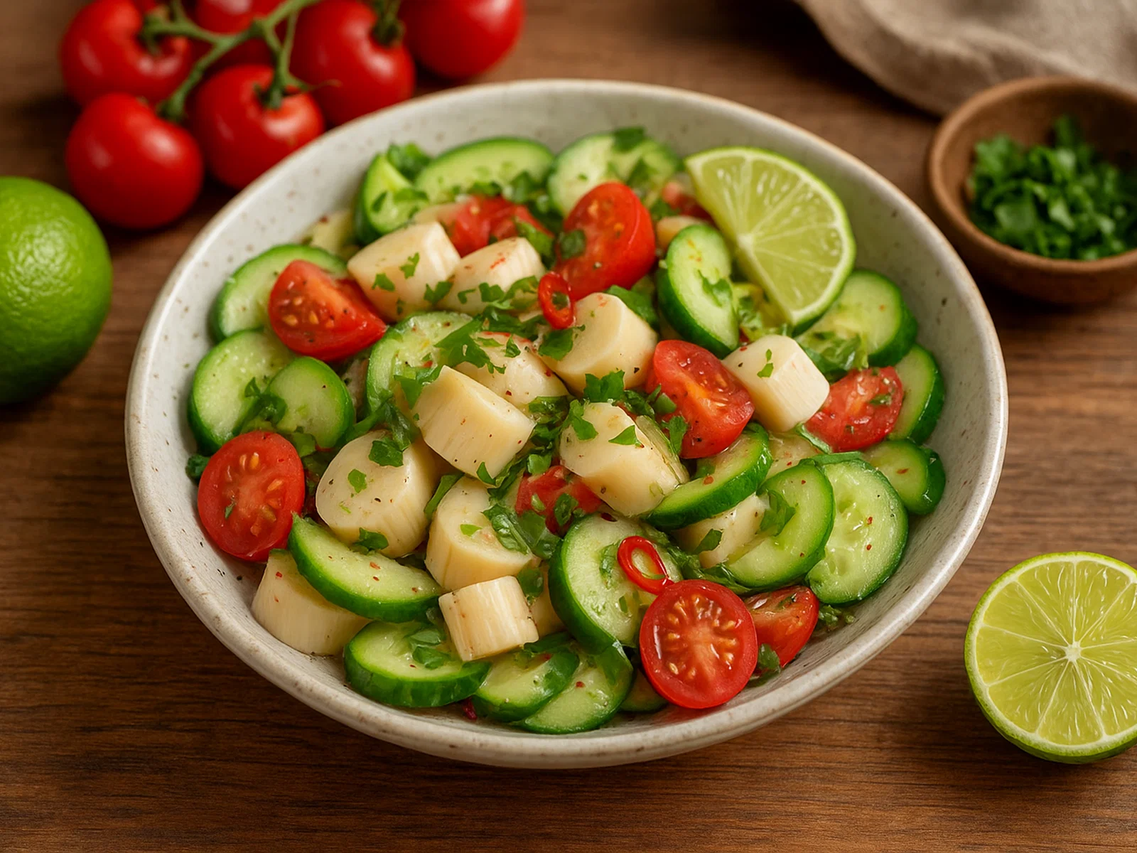 Palmherzen-Salat mit Limette, Tomate und Gurke