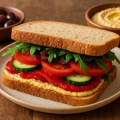 Mediterranes Hummus-Sandwich mit gebratener Paprika