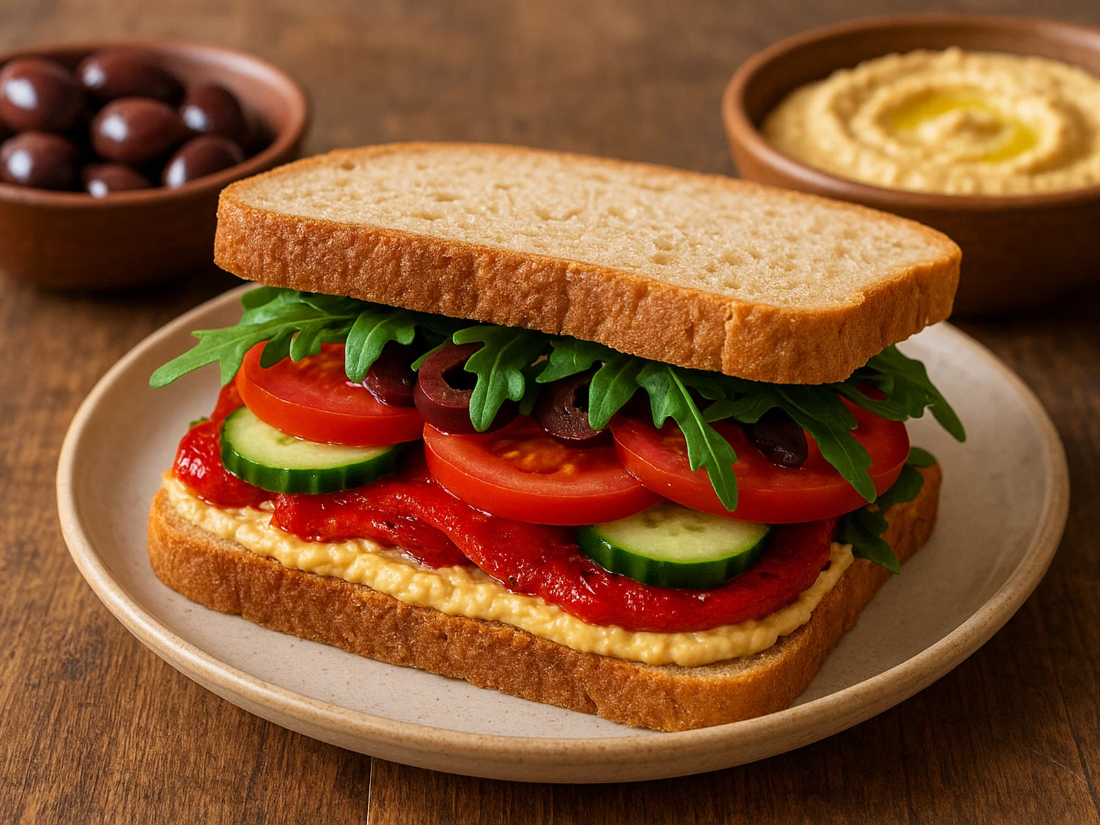 Mediterranes Hummus-Sandwich mit gebratener Paprika