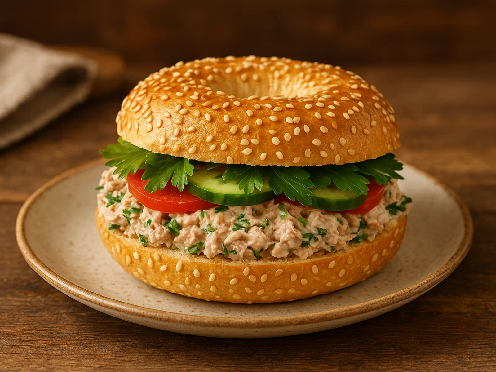 Thunfisch-Salat-Sesam-Bagel