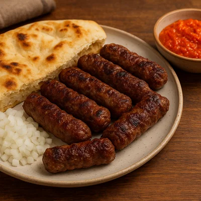 Qebapa (Cevapi) vom Grill mit Fladenbrot, Zwiebeln und Ajvar