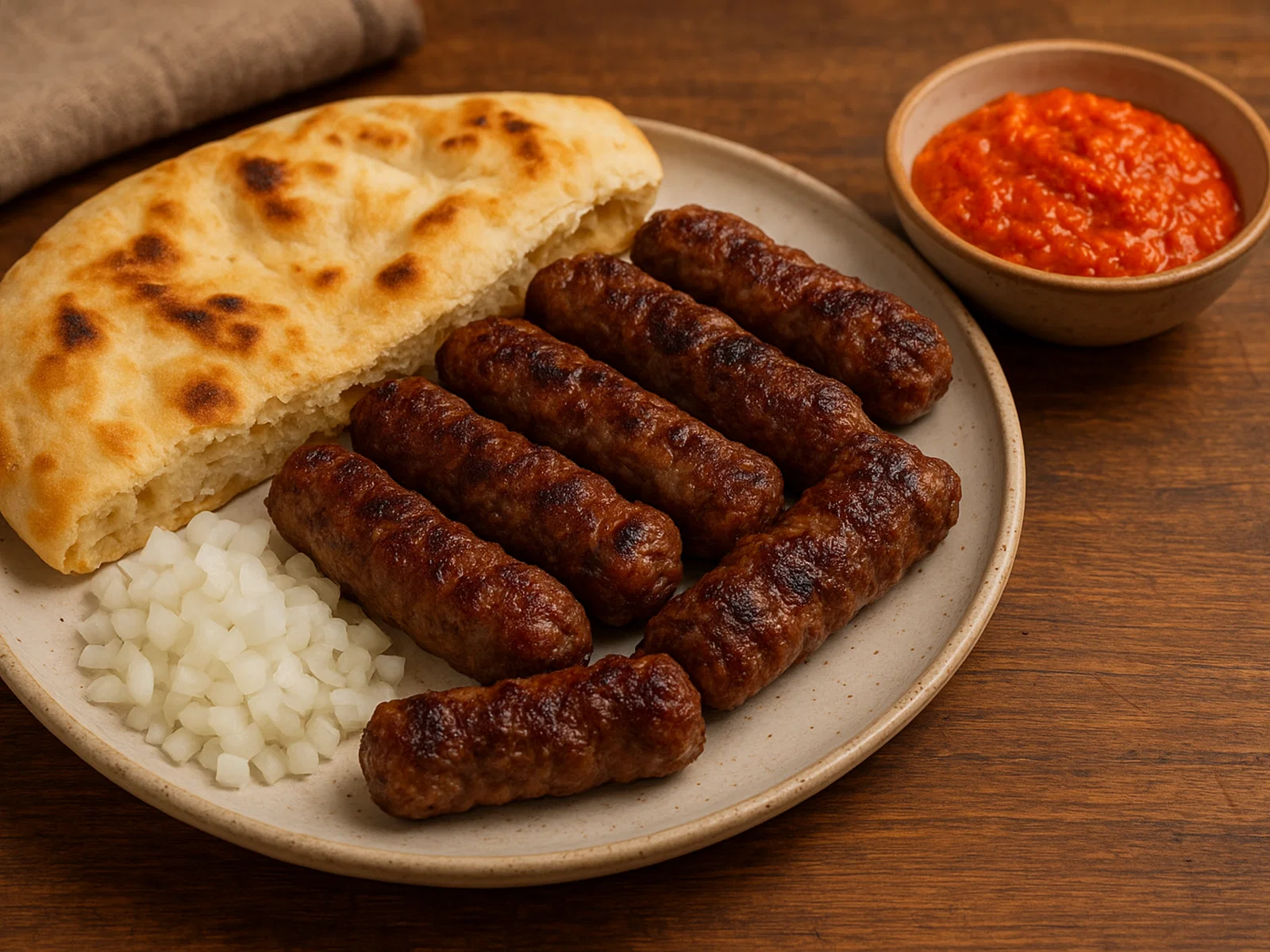 Qebapa (Cevapi) vom Grill mit Fladenbrot, Zwiebeln und Ajvar